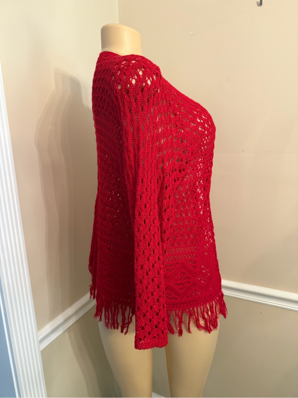 Faded Glory Red Open-Front Crochet Fringe Cardigan NWT - Picture 2 of 5